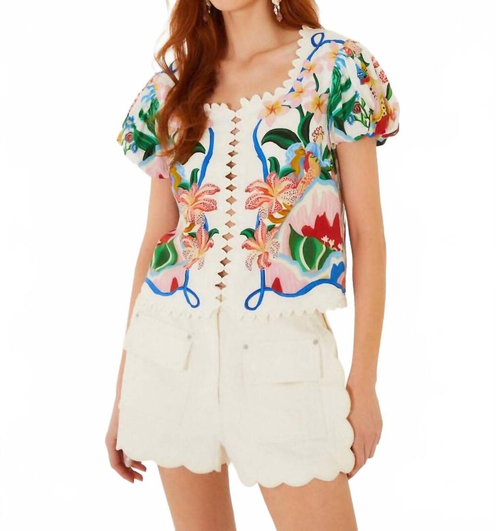 NEW FARM RIO garden of life scarf short sleeve blouse in off-white